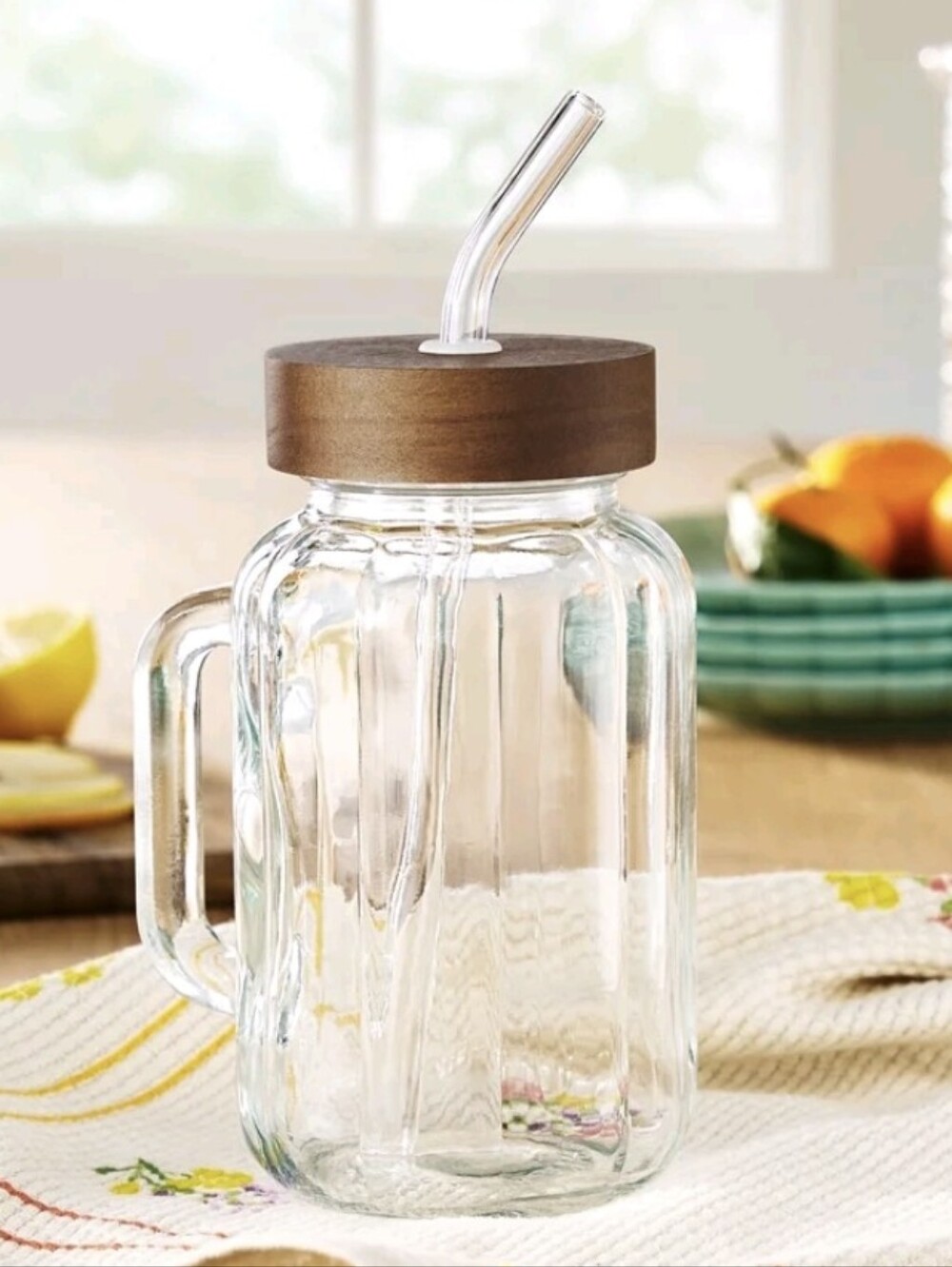 ❤️ The Pioneer Woman Colette Glass 32oz Mug with Wood-Tone Lid  Straw